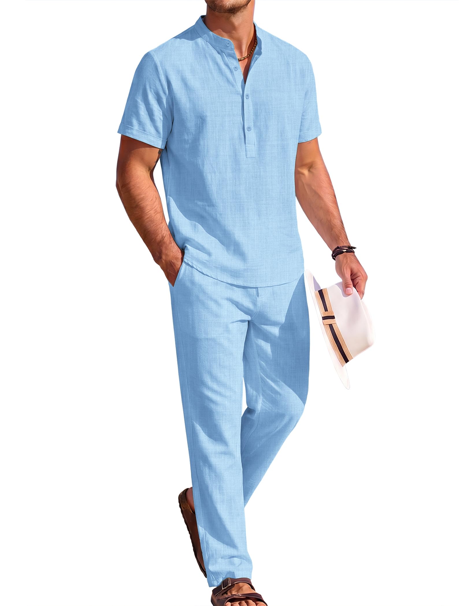 COOFANDY Set da 2 pezzi da uomo in cotone e lino, a maniche corte, casual, con camicia Henley, pantaloni estivi da spiaggia e per le vacanze