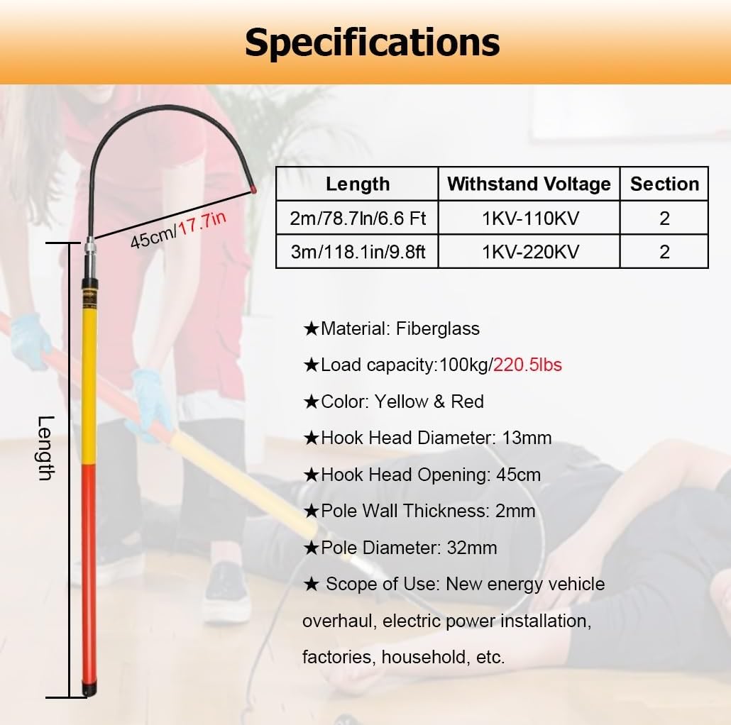 High Voltage Insulated Telescopic Rescue Hook for Linemen - 6.6 ft/2.0 m Anti-Electrocution Tool for Electrical Gear, Essential Safety Equipment for Electricians