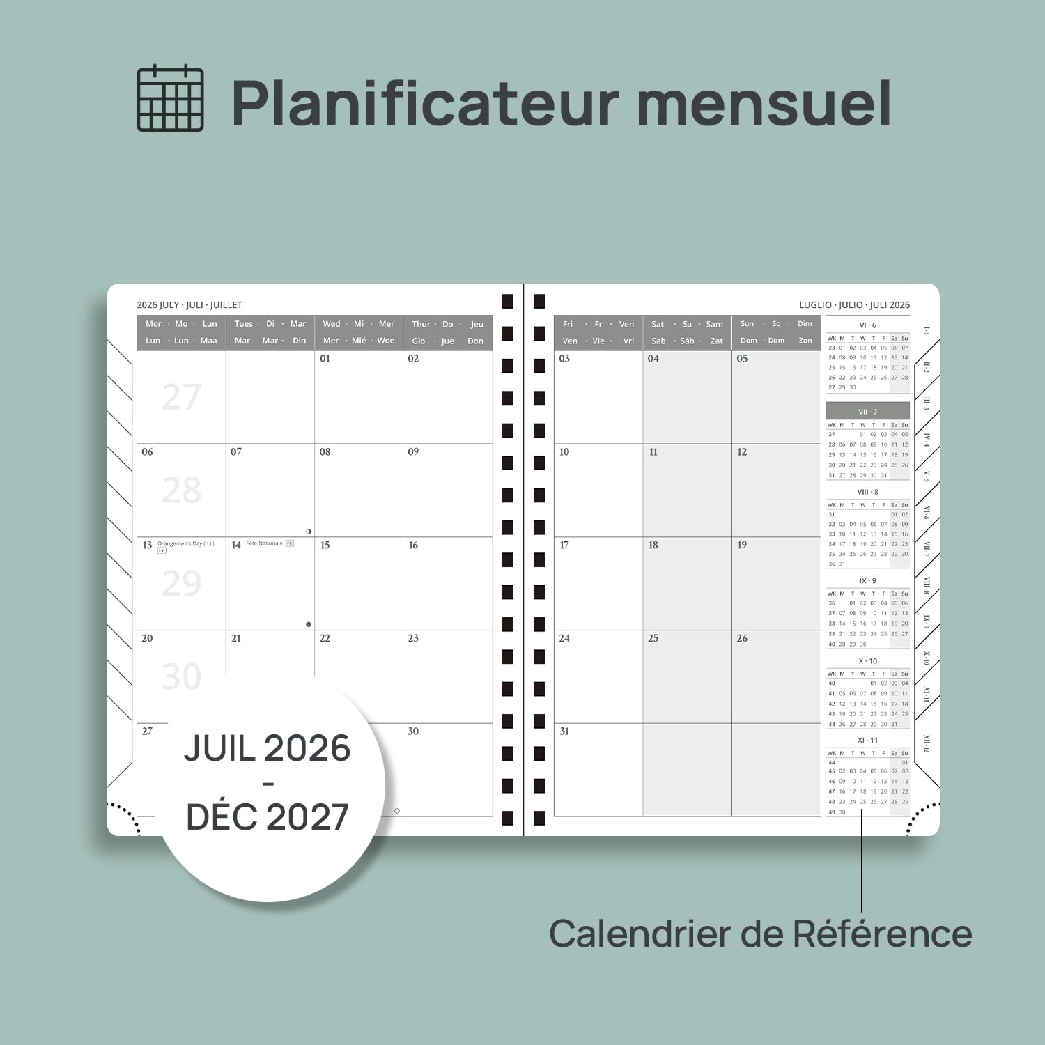 POPRUN Agenda Mensuel 2026-2027 18 Mois 22 x 16,5 cm Planner Scolaire Couverture Souple Spirale
