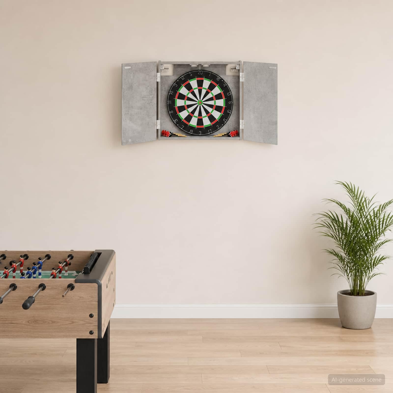 Szafka do darta z materiału drewnopochodnego, szafka do darta na tarczę, betonowa szara, 56 x 12 x 63 cm, zamknięcie magnetyczne, montaż ścienny