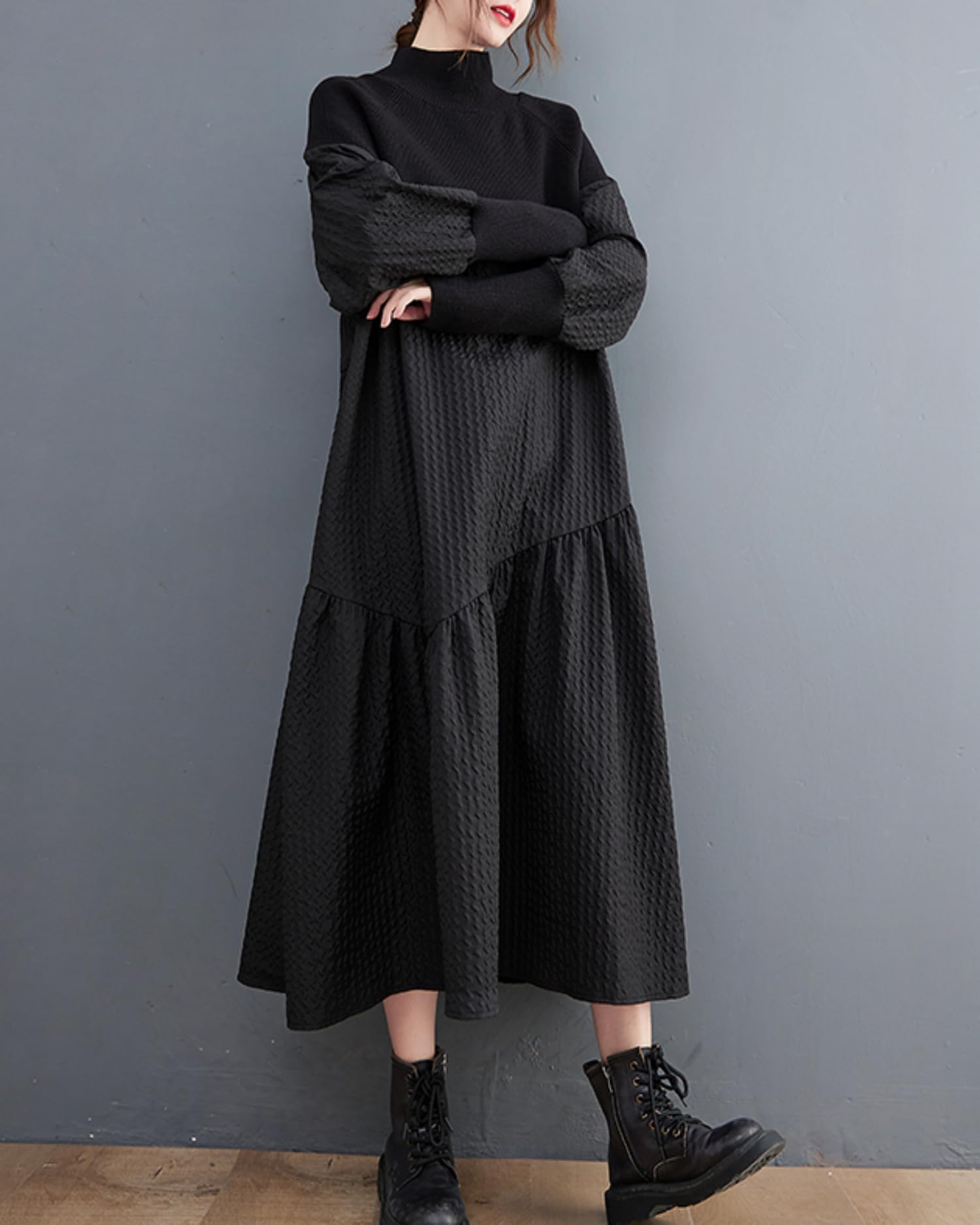 ellazhu Robe Tricotée à Col Roulé Patchwork avec Volants pour Noël GZ05