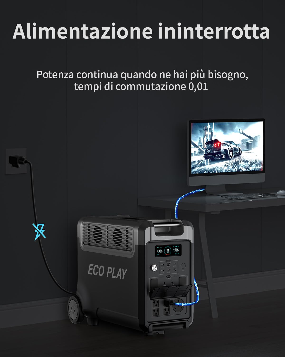 Stazione di alimentazione 3600W, generatore solare ECO PLAY con batteria LiFePO4 da 3840Wh, ricarica rapida in 2 ore, uscita 3x230V AC, accumulo con UPS per alimentazione di mergenza/campeggio/camper