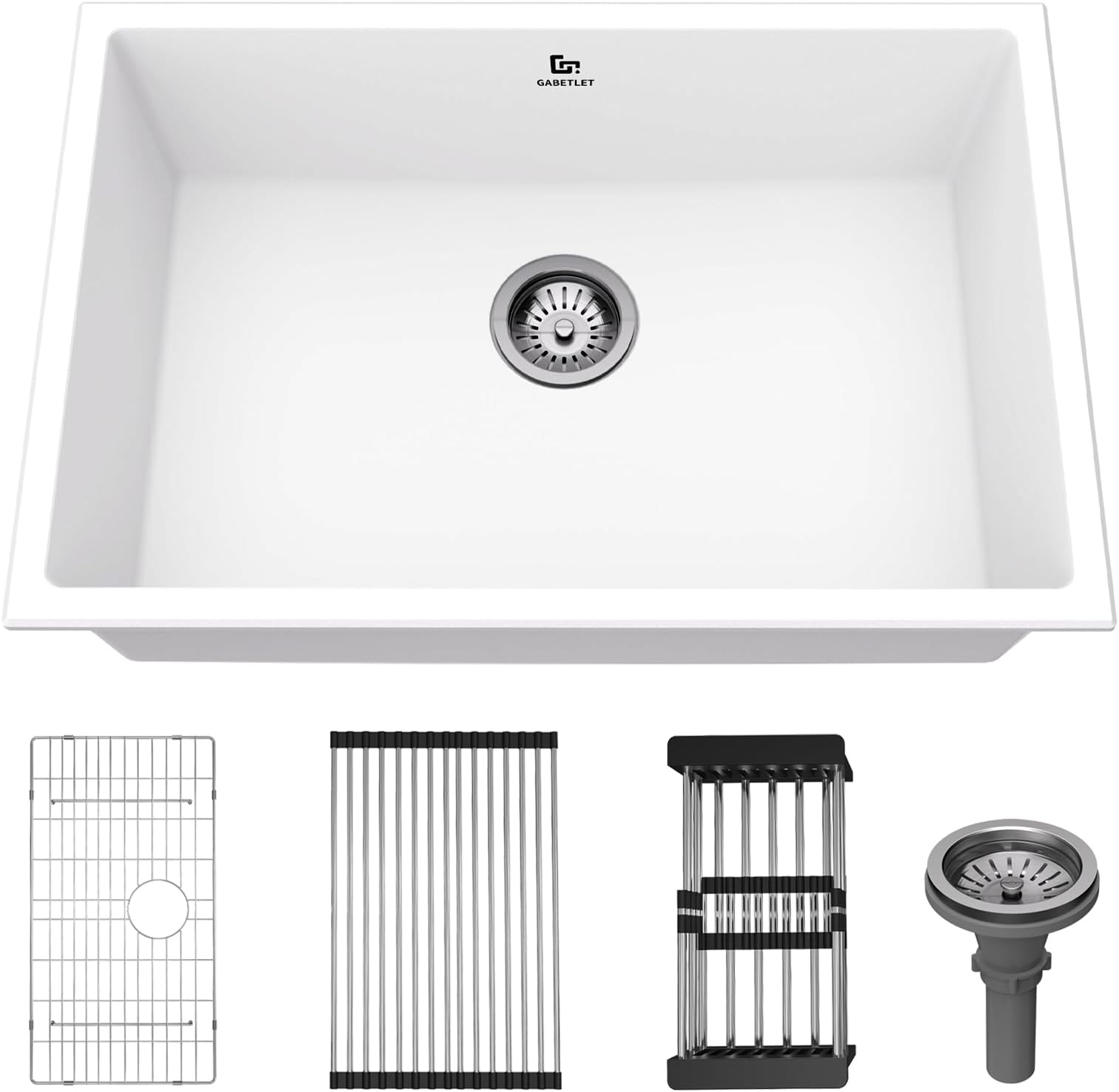 Quartz Kitchen Sink, 27 Inch White Undermount Kitchen Sinks, Deep Single Bowl Granite Composite Sink, Modern Sinks Providing Complete Accessories, Spacious Workspace and Easy Cleaning