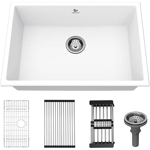 Quartz Kitchen Sink, 27 Inch White Undermount Kitchen Sinks, Deep Single Bowl Granite Composite Sink, Modern Sinks Providing Complete Accessories, Spacious Workspace and Easy Cleaning