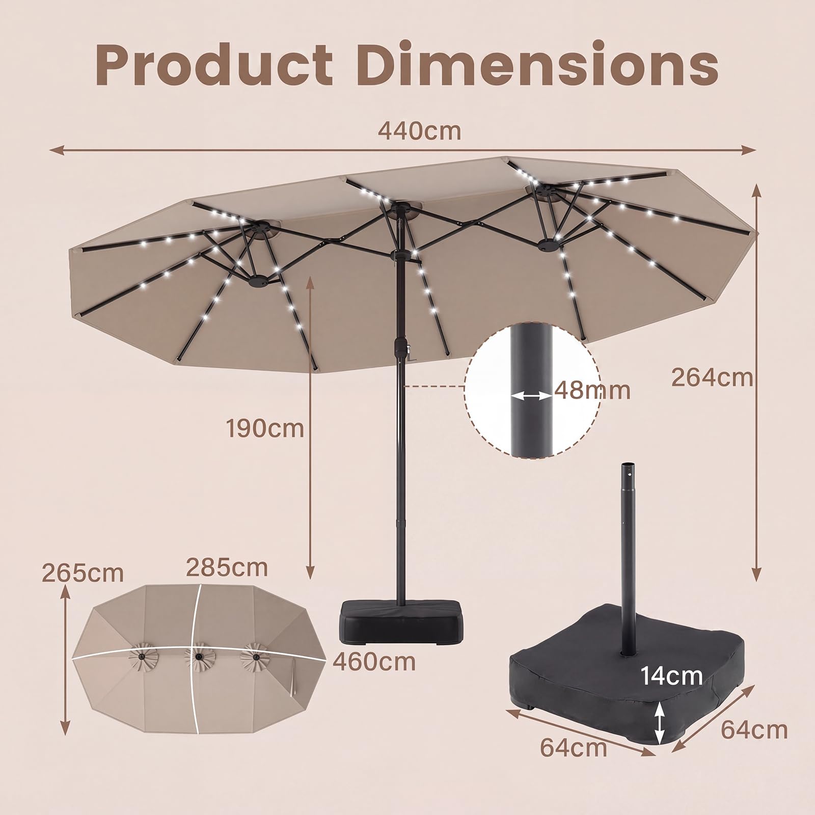 GOPLUS Parasol de Jardin Exterieur avec Pied, 4,7x2,8M Grand Parasol Double Face avec LED Solaires, Manivelle, 12 Baleines, Protection Solaire, pour Terrasse Patio Marché, Beige