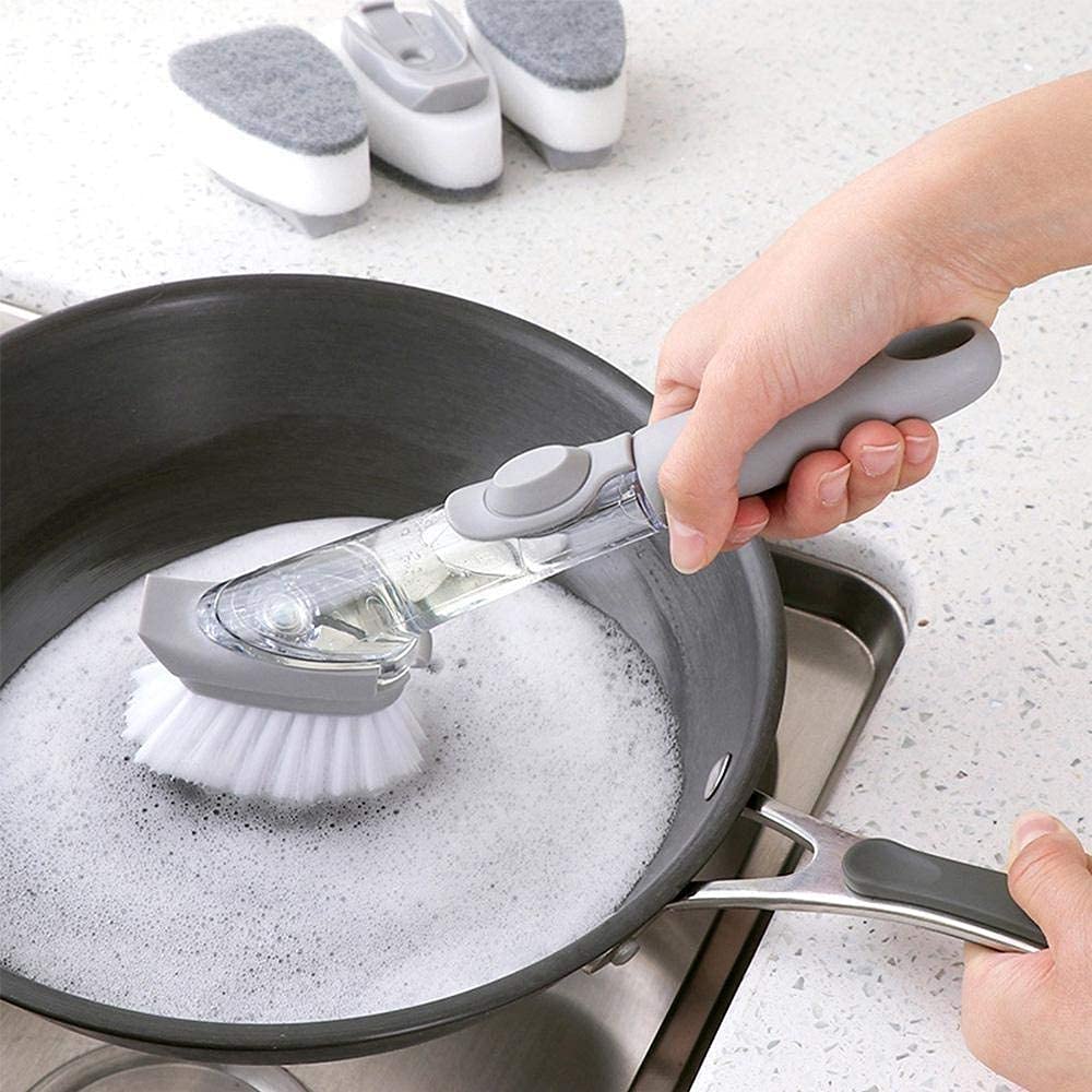 BluBasket Kitchen Cleaning Brush Scrubber Dish Bowl Washing Sponge with Refill Liquid Soap Dispenser Kitchen Pot Cleaner Tool Long Handle Sponge-image-6