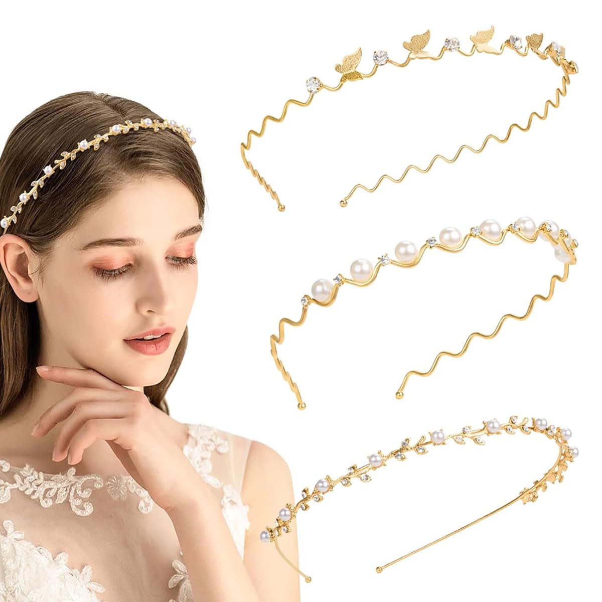 MQLSAERI Paquete de 3 diademas con perlas de diamantes de imitación para boda, novia, elegante, banda para el pelo, boda, ajustable, para mujeres y niñas