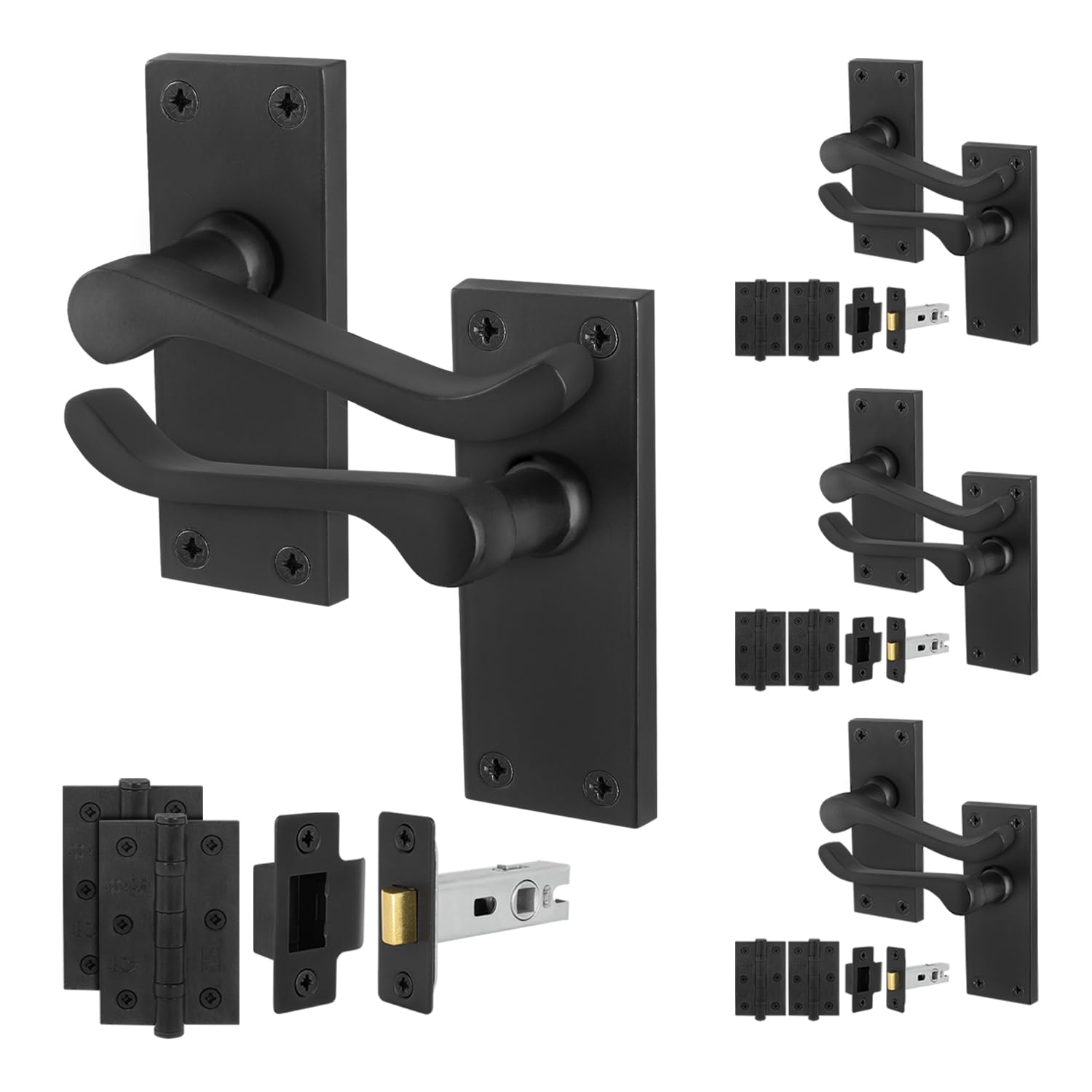 Eai Matt Black Black Victorian Scroll Latch Handle Set, 4 Pairs Internal Lever Latch Handles On Backplate, Latch 64Mm And Hinges