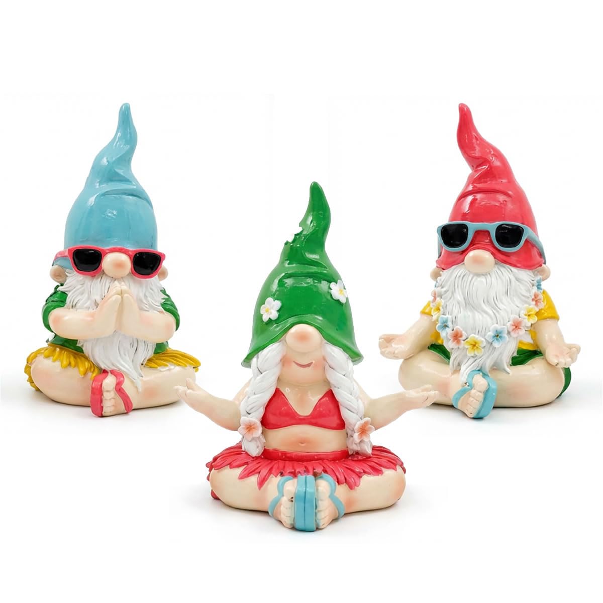 Inevitable Multi-Coloured Bright Yoga Pose Gnome Figurines, Polyresin Garden Gnomes With Sunglasses, 16.5Cm, Set Of 3 Assorted