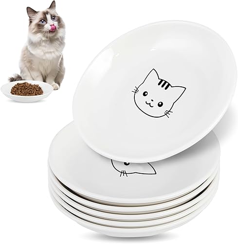 Miniatura 8 de Paquete de 6 cuencos de comida para gatos, cuencos de cerámica para gatos, juego de cuencos para gatos anti-fatiga de bigotes, platos anchos y poco