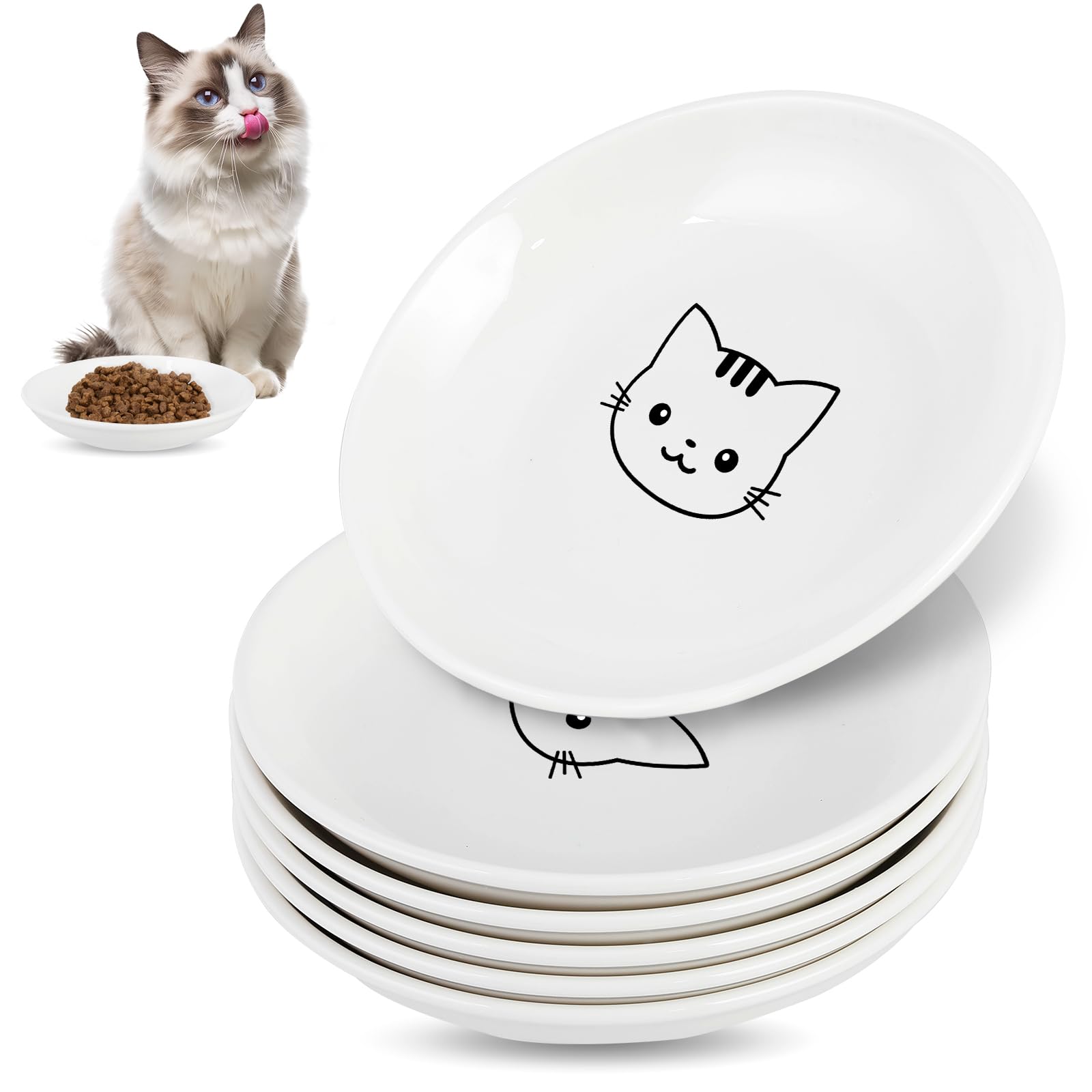 Katzenfutternapf, Keramik-Katzennäpfe, Anti-Schnurrhaar, Müdigkeit, Katzennapf, 14 cm, flache, breite Kätzchenteller für Futter und Wasser, 6 Stück