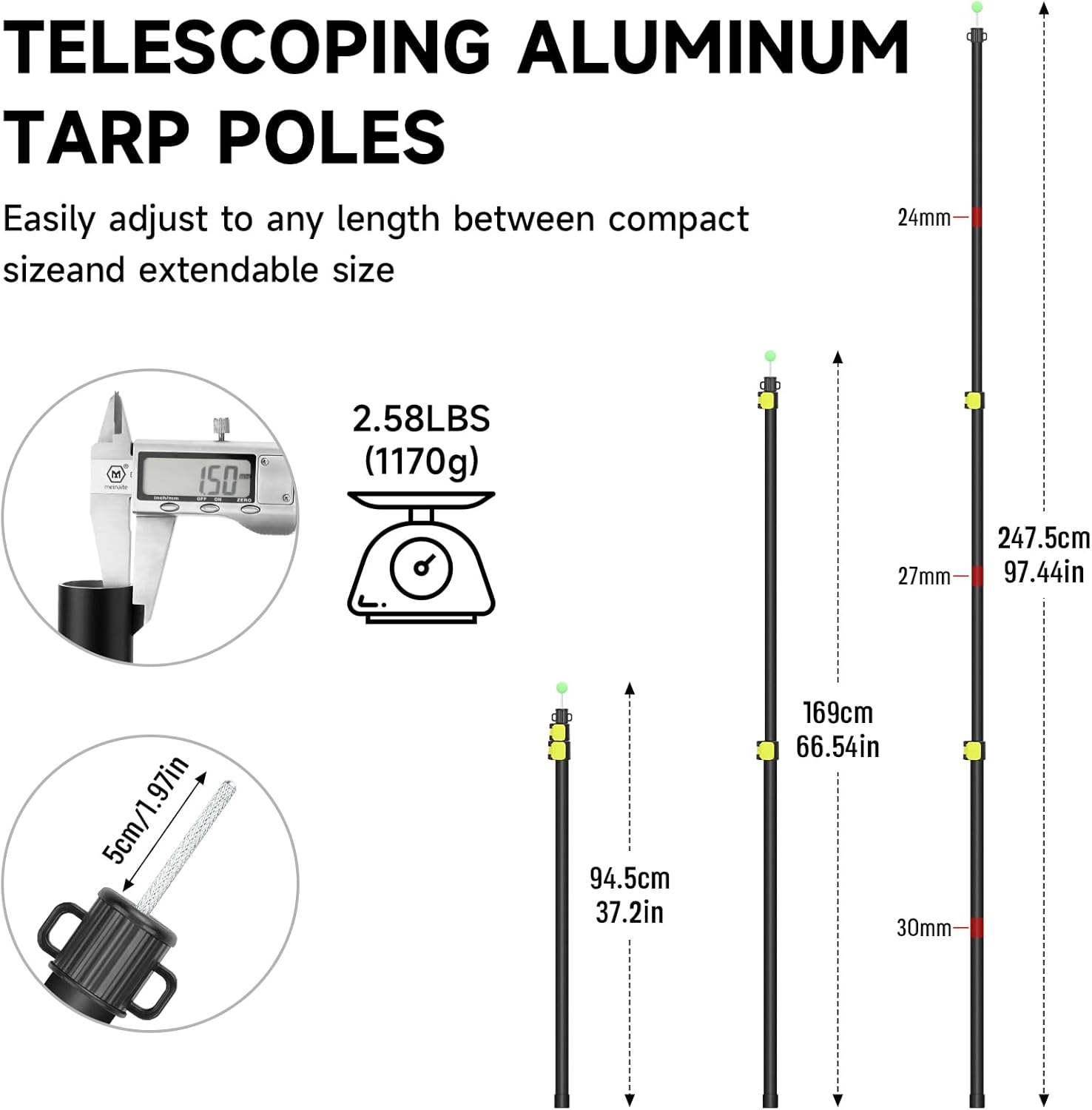 SANLIKE Tarp Poles Heavy Duty Telescoping 97" Adjustable Aviation Aluminum Canopy Rods Lengthen Thicken with Protection Cap Portable Poles for Tent Fly Awning Camping Hiking Set of 2