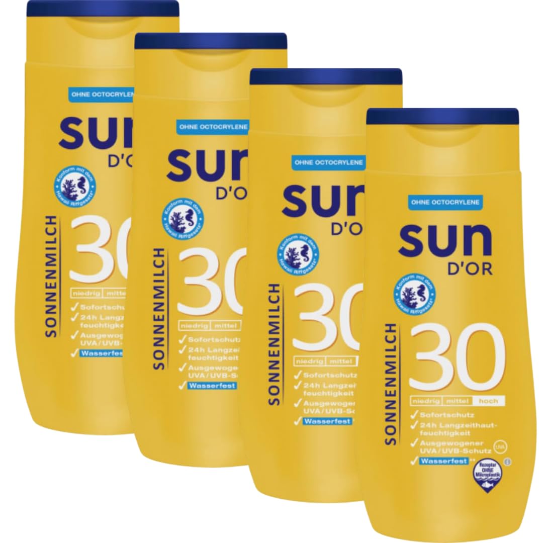 Sun D'Or Sonnenmilch Sonnenschutzmittel Sun UV Dry Protect Sport Sonnencreme LSF30 250 Mililiter x 4 STÜCK Mit Pufai Überraschungsgeschenk