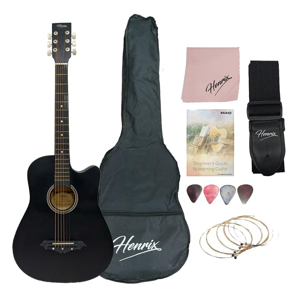 Henrix 38C 38 Inch Cutaway Acoustic Guitar with Dual Action Truss Rod, Gigbag, Picks, String Set, Strap, Cloth & Ebook - Matte Black-image-17