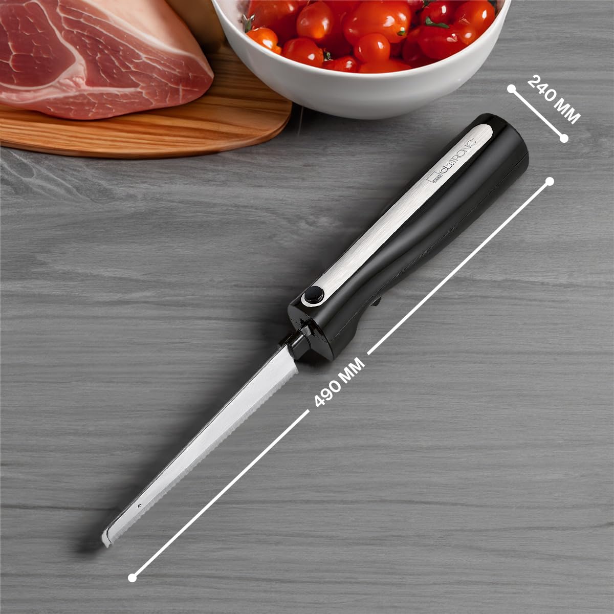Clatronic Coltello elettrico EM 3702, coltello elettrico da cucina, ausiliario da cucina con motore da 120 W, incl. scatola di conservazione, acciaio inox/nero