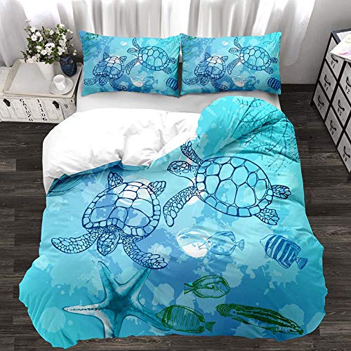 Loussiesd Turtle Duvet Cover Set Double Size 3D Print Sea Animal Bedding Set Blue Starfish Comforter Cover Soft Microfiber Polyester with 2 Pillow Shams - Image 2