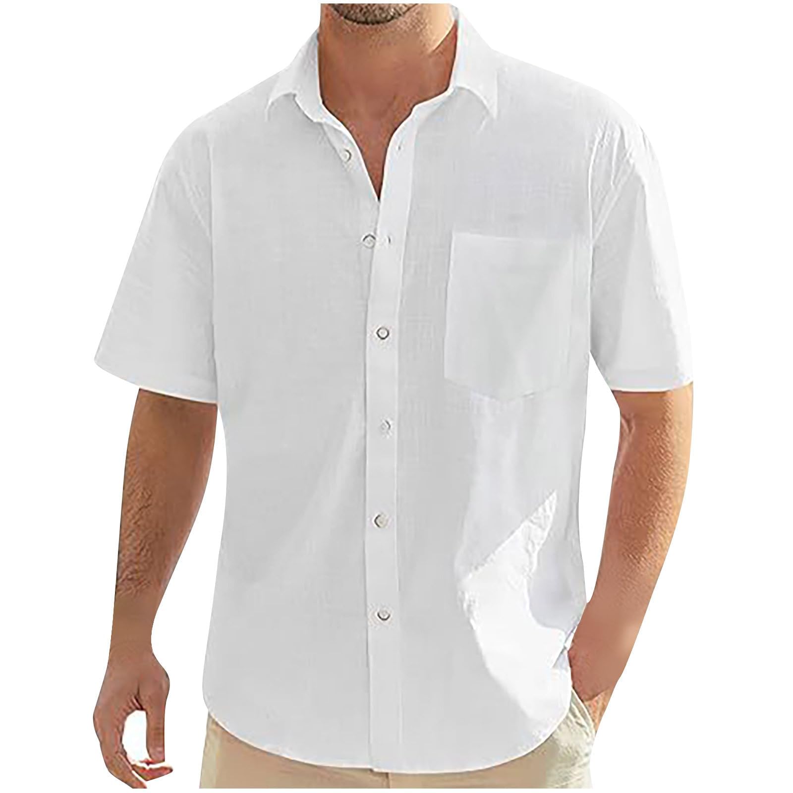 SUIBOZ Camisas de verano para hombre, camisas de lino de algodón liso con botones, manga corta, para vacaciones, playa, ajuste regular, camisas casuales de color sólido, transpirables, con bolsillo