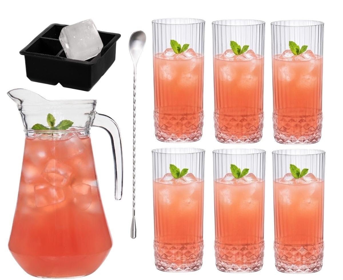 Juego de Cócteles Dolle Mina - Decantador 1.6 L con 6 Vasos largos 490 ml, Cucharón para cóctel y Cubos de Hielo
