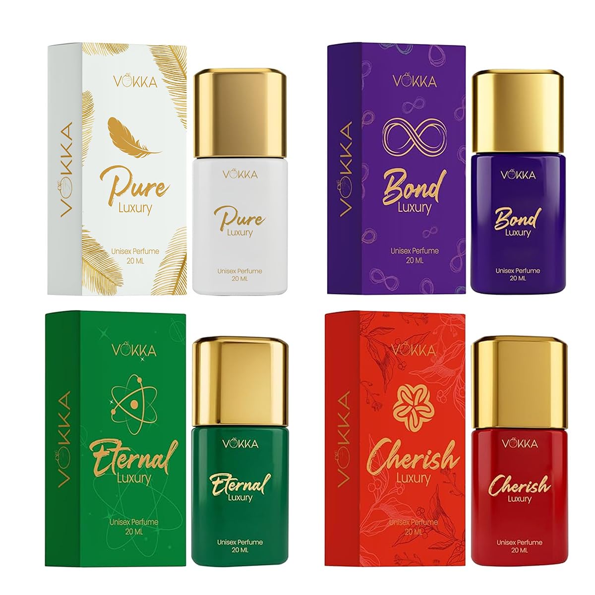 Vokka Luxury Long Lasting Unisex Perfume Set 4x20ml | Perfume for Man & Woman | Premium Fragrance Pocket Perfumes | Pure, Cherish, Bond & Eternal | Gifts for Men & Women-image-2