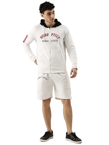 Printed Mens Sweatshirt Full sleeve Hooded Neck White and White Shorts Cotton Slim Fit Tracksuit