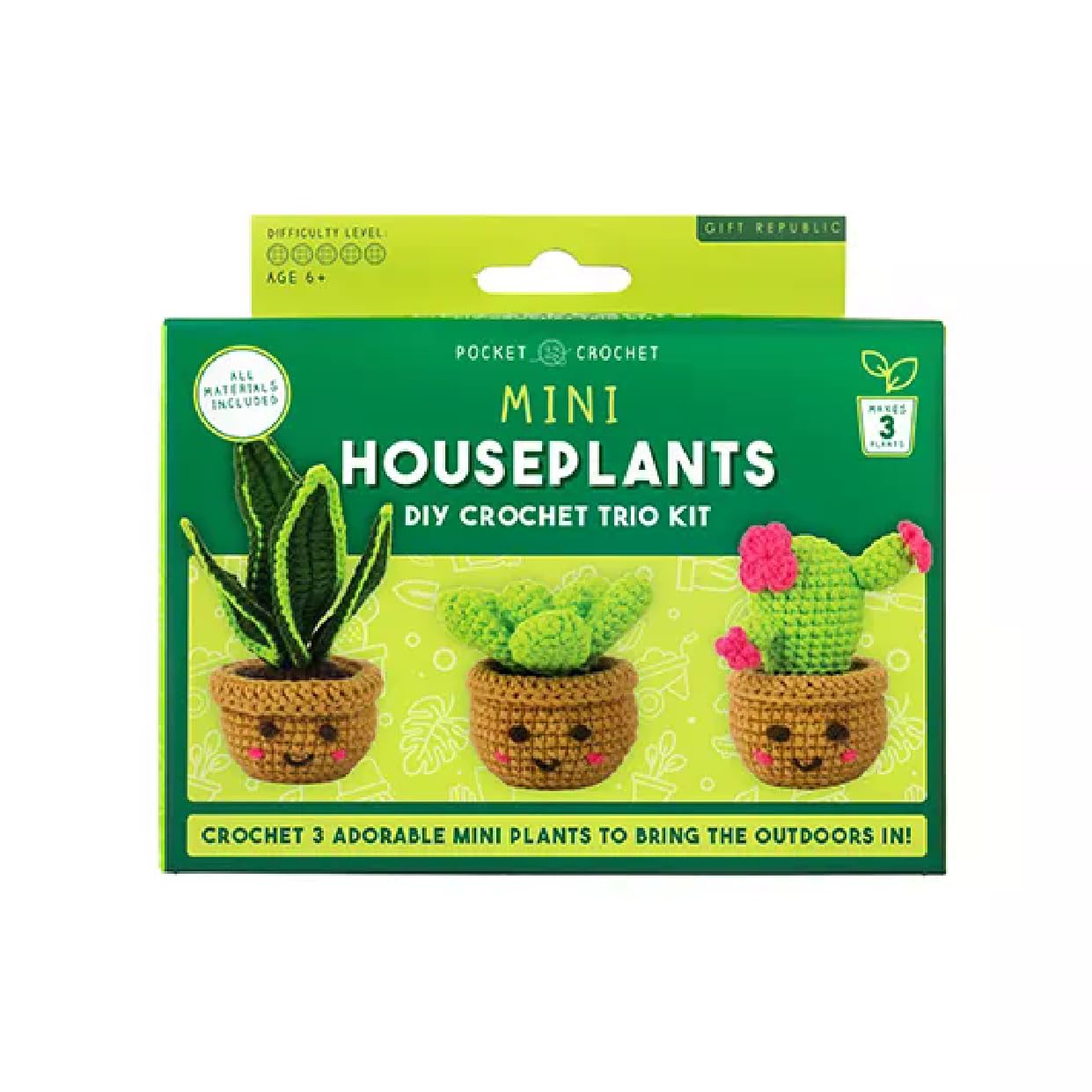 Gift Republic Green Mini Houseplants Crochet Kit – Diy Crochet Trio For Beginners | Make Snake Plant, Succulent & Cactus | Complete Craft Kit With Hook & Yarn