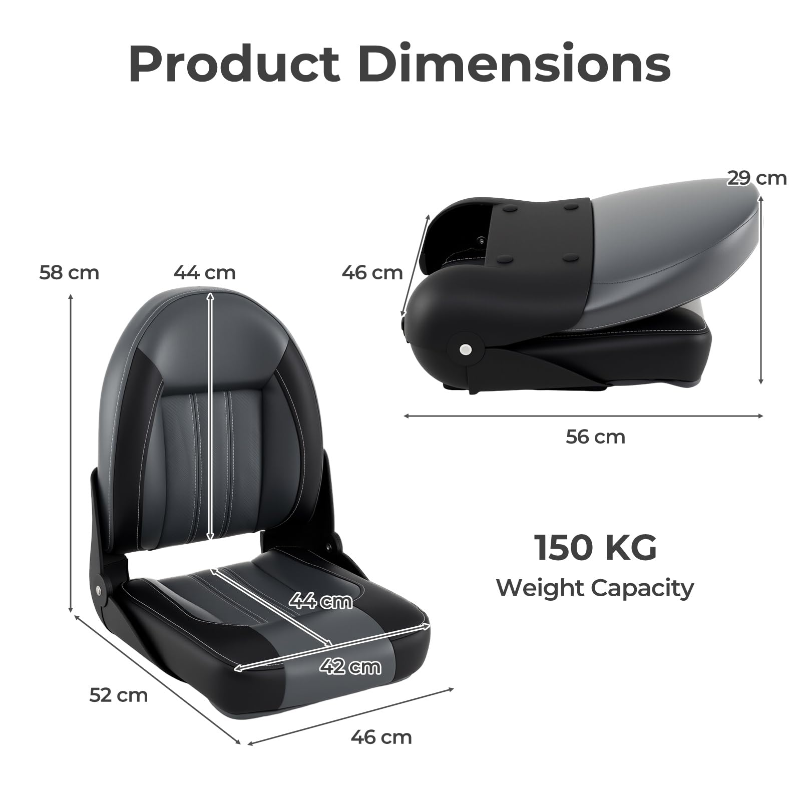 Homasis Juego de 2 Asientos Plegables para Barco, Acolchadas, Grueso, Silla deYate Ergonómico Impermeable con Respaldo Y Marco de Metal, Control para Barcos, hasta 113/150 Kg (Negro)