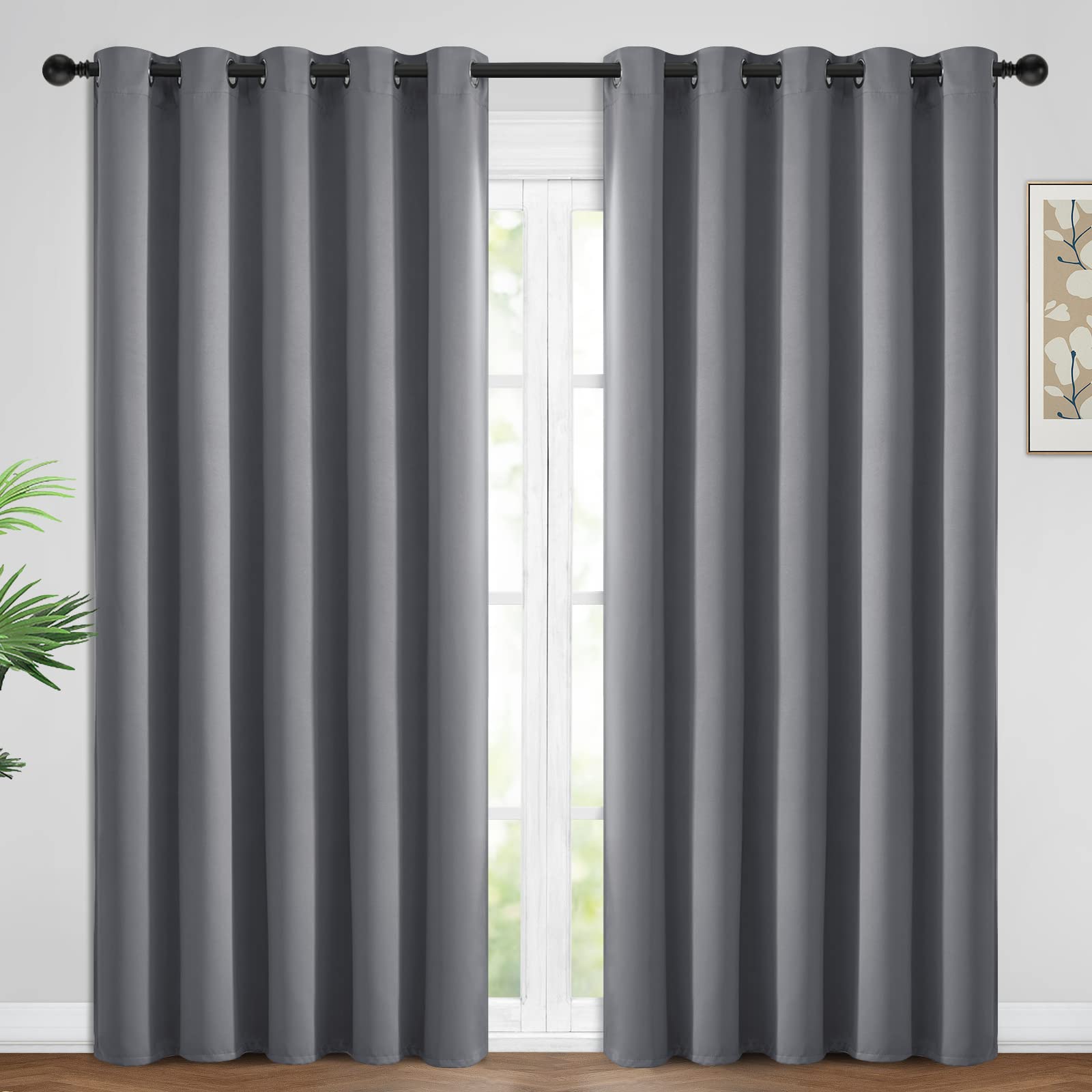 Yakamok Blackout Curtains Room Darkening Thermal Insulated Window Panels,Solid Grommet Top Drapes for Bedroom/Living Room(62Wx96L, Grey, 2 Panels) — image 1