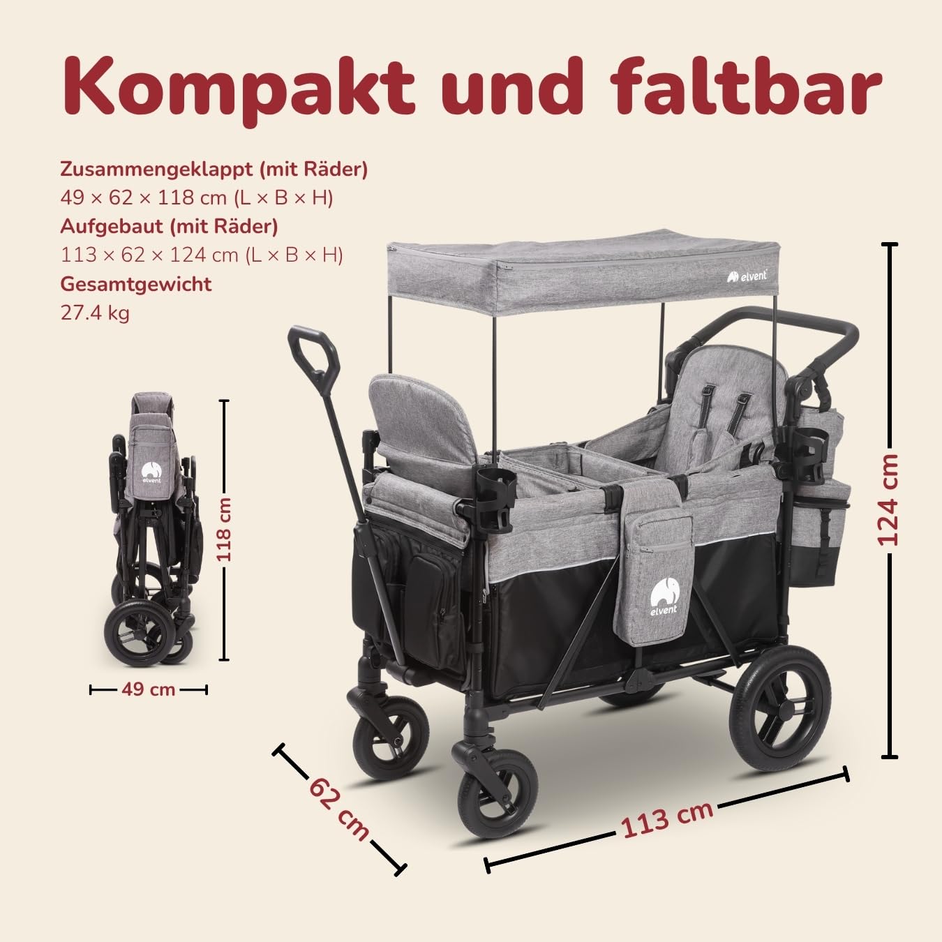 elvent® ComfortPlus 2 Sitzer Bollerwagen - Handwagen faltbar mit Dach I Feststellbremse, PU-Reifen, 5-Punkt-Gurt I für 2 Kinder (grau)
