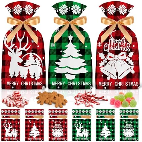 30 Pcs Christmas Treat Bags - Merry Christmas Drawstring Gift Bags, Plastic Red Green Plaid Christmas Goodie Candy Goody Snack Bags Bulk for Cookie Gifts Xmas Holiday Christmas Party Favors Supplies