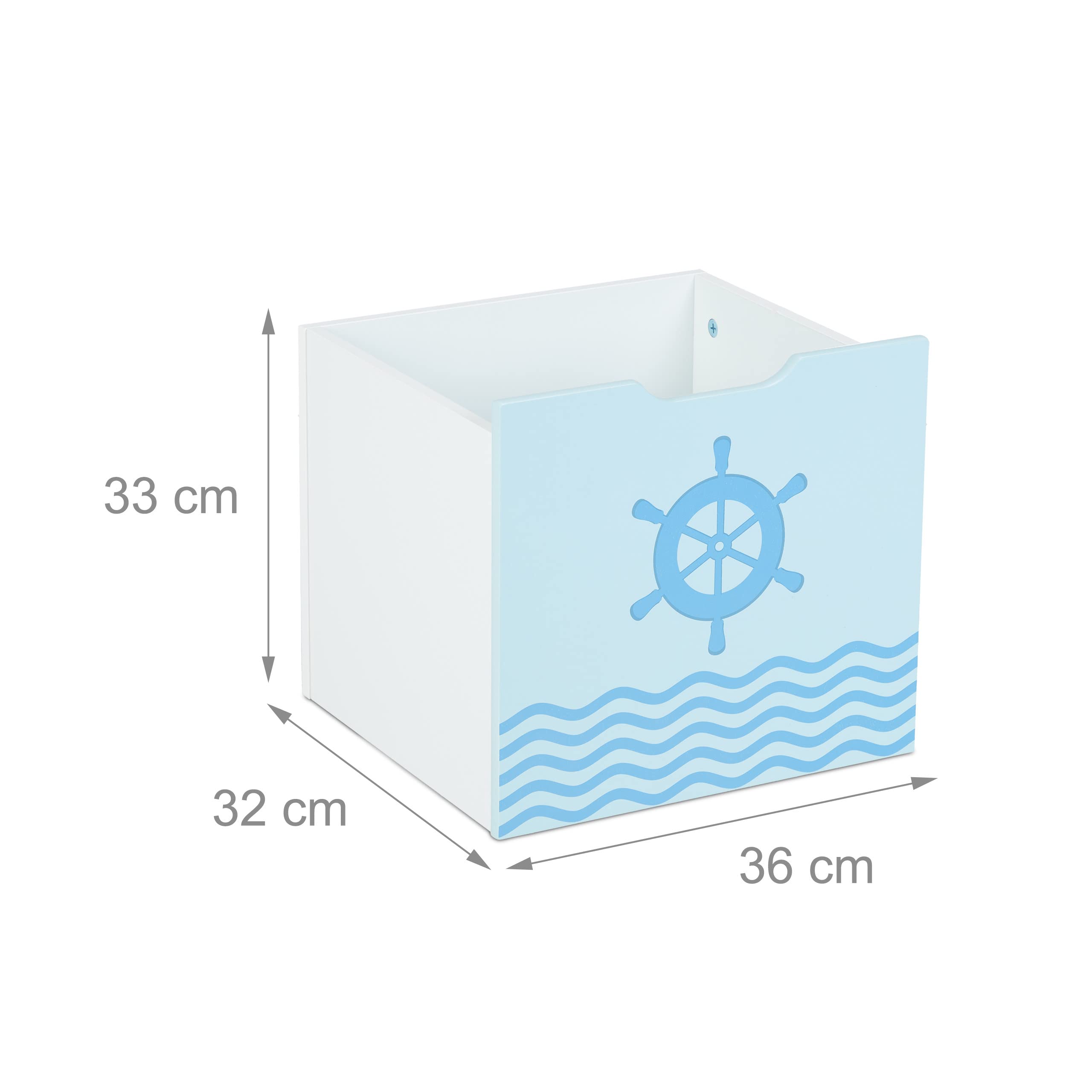 Relaxdays Estantería Infantil, Organizador Juguetes con Timón, 5 Estantes, 2 Cajas con Ruedas, 128x75x34cm, Blanco/Azul, Tablero de Fibras