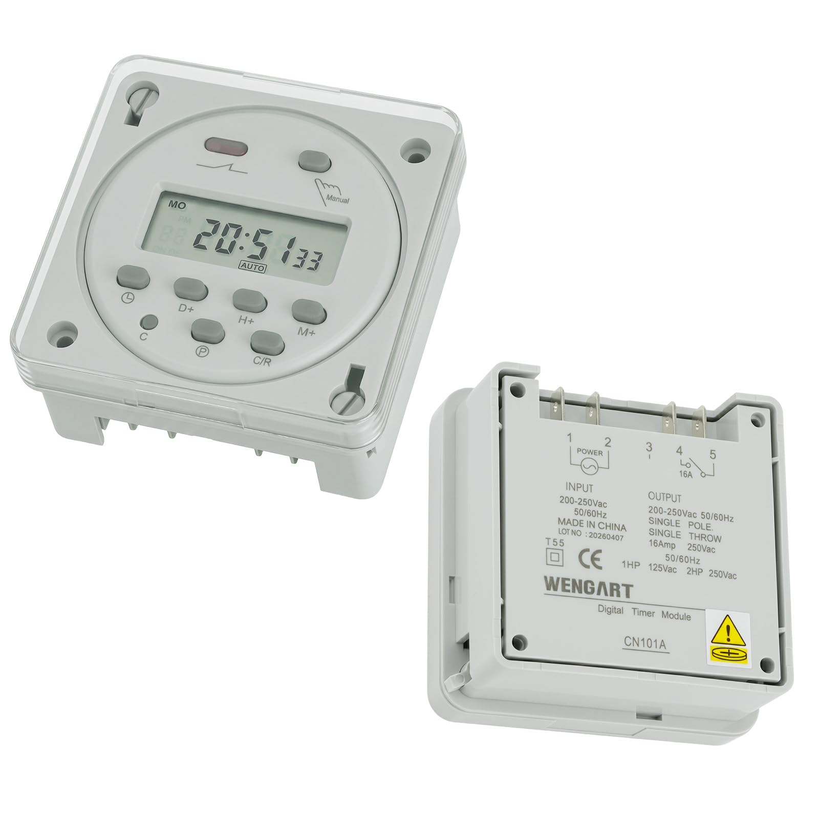Wengart Digital Timer CN101A 230 V, Weekly Timer Programmable, Potential-Free Contact with Protective Cover, LCD Display, Time Relay for Heating, Lighting, Industry and DIY, White