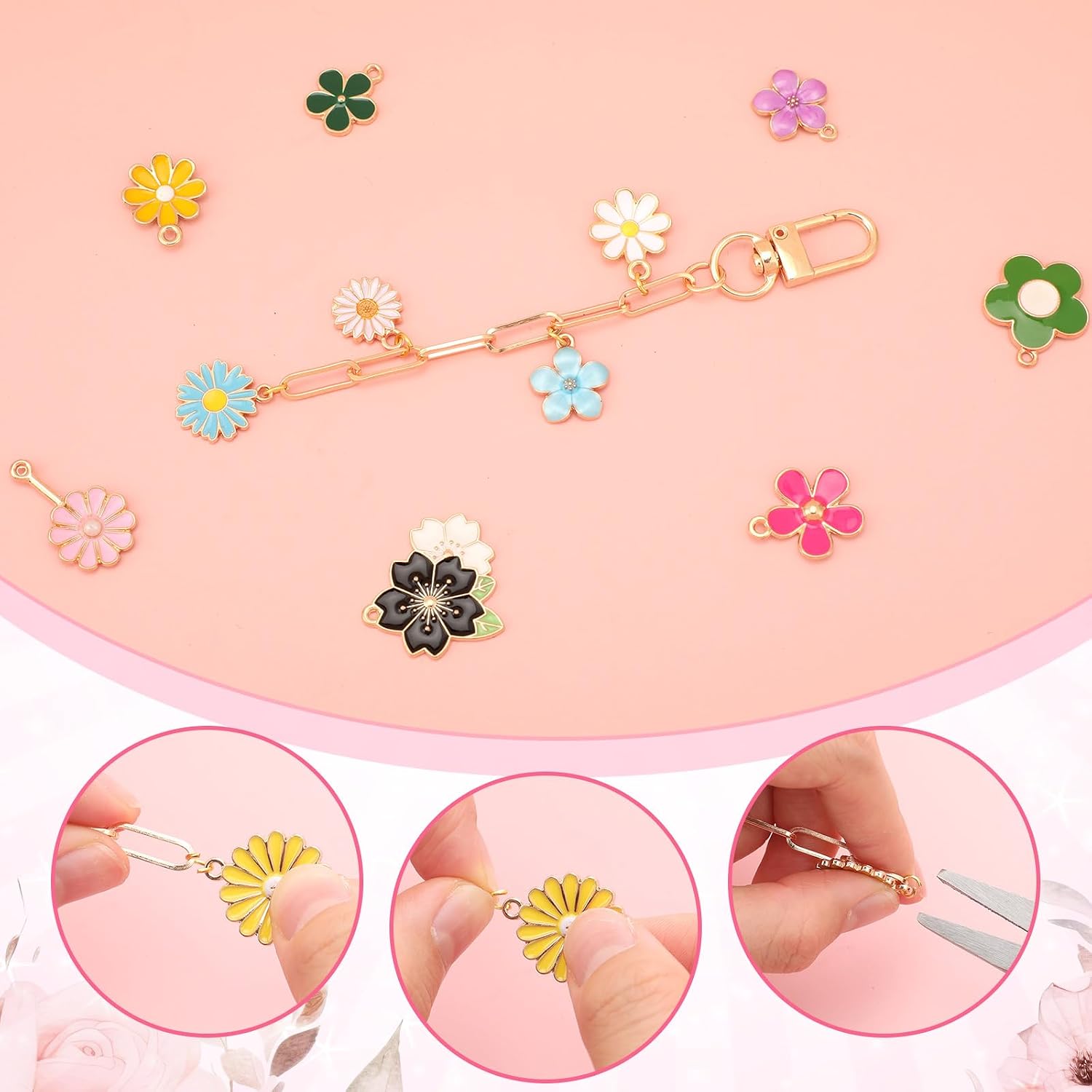 Tondiamo 266 Pieces Flower DIY Gold Keychain Making Kit Floral Daisy Bag Charm Jewelry Making Sunflower Ornaments Bulk for Key Ring Art Adults Women Bag Gift