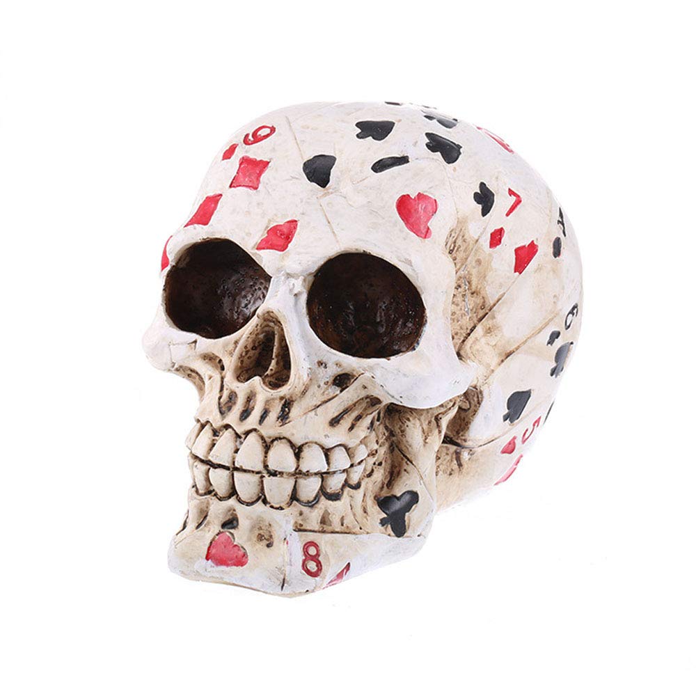 Voanzo Red Heart Painted Resin Poker Pattern Skull Human Head Statue For Halloween Bar Home Table Decoration,Red
