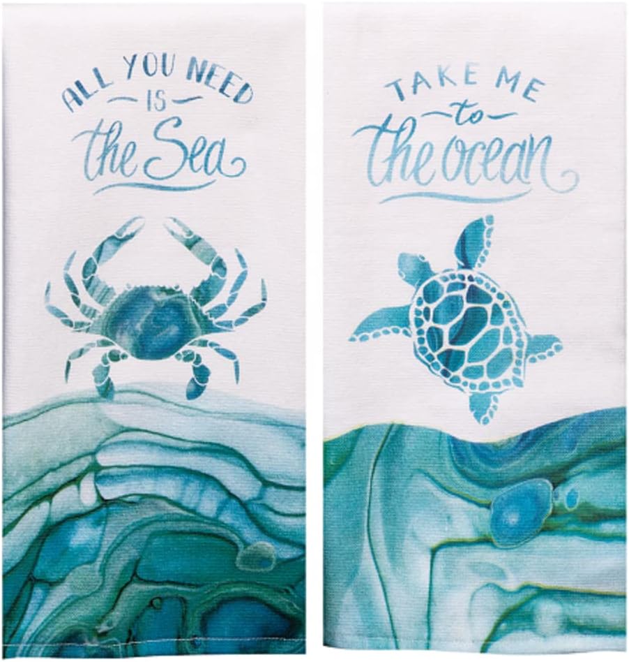 Coastal Tranquility Sea Themed Blue Kitchen Terry Towel Bundle of 2, Turtle and Crab