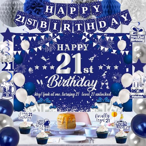 Image of 21st Birthday Decorations for Boys Girls, Blue Silver Happy 21st Birthday Party Decorations, 21 Backdrop, Banner, Balloons, Hanging Swirls, Bday Cards, Cake Toppers, Pompoms 54pcs