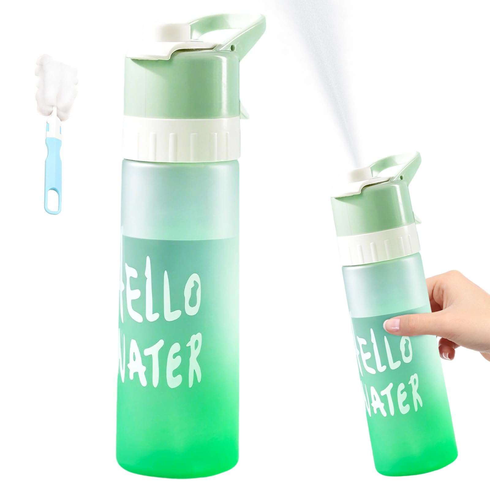 650ml Water Spray Bottle with Cup Brush 2-in-1 Misting & Drinking Sports Gradient Colors Water Bottle with Flip Straw Leakproof Water Bottle for Cycling Running Gym Hiking Outdoor Activities (Green)