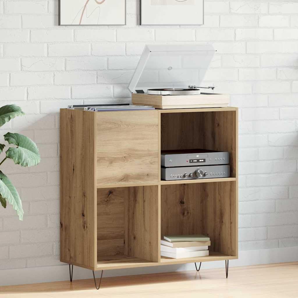 Armadietto per dischi in rovere Artisan con 4 ripiani, 85 x 38 x 89 cm, spazio per vinile, CD, DVD, supporti multimediali in soggiorno e ufficio, moderno in legno con gambe in metallo