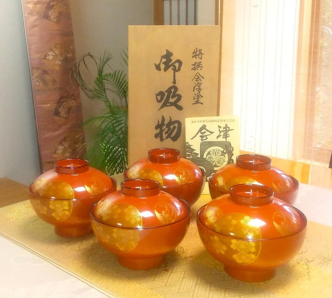 会津塗 蓋付き吸物椀 5セット 会津塗 金彩蒔絵蔦紋 蓋付き