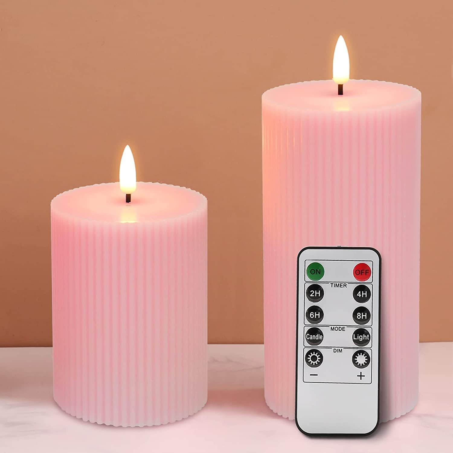 Eywamage Pink Ribbed Flameless Pillar Candles with Remote, Flat Top