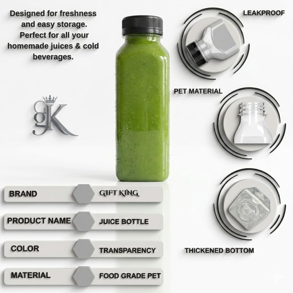 Clear Plastic Juice Bottles with Caps – BPA-Free Food-Grade PET | 50PCS 350 ml Reusable Smoothie Bottles for Juicing, Iced Coffee & Meal Prep Leakproof Tamper-Evident Lids, Funnel & Brush