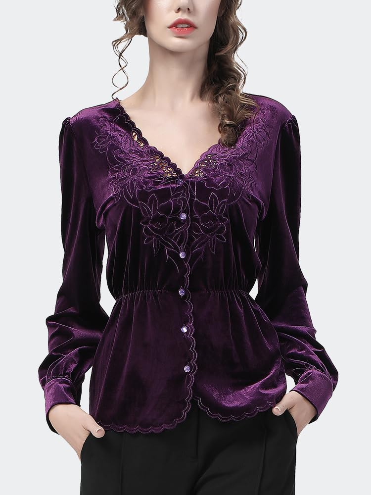 Camisa de Terciopelo púrpura para Mujer, Blusas Elegantes de otoño e Invierno, Blusa Delgada de Manga Larga con Cuello en V Bordada Calada (púrpura XXL)