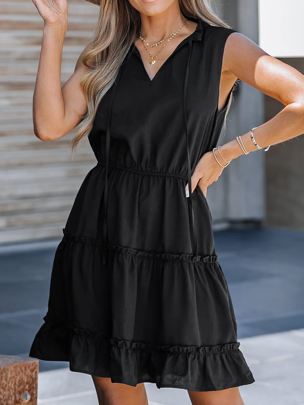 CUPSHE Abito estivo da donna con scollo a V, senza maniche, linea A, abito corto, per il tempo libero, da spiaggia