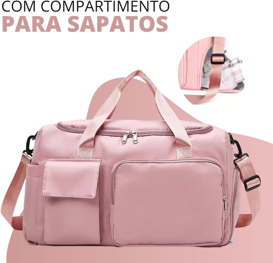 Mala de Mao Compacta de Viagem Feminina Funcional Alca Transversal Bolsa de Viagem em Nylon Resistente com Bolso para Sapatos Ajustavel Leve e Versatil Ideal e Uso Diario (Rosa)