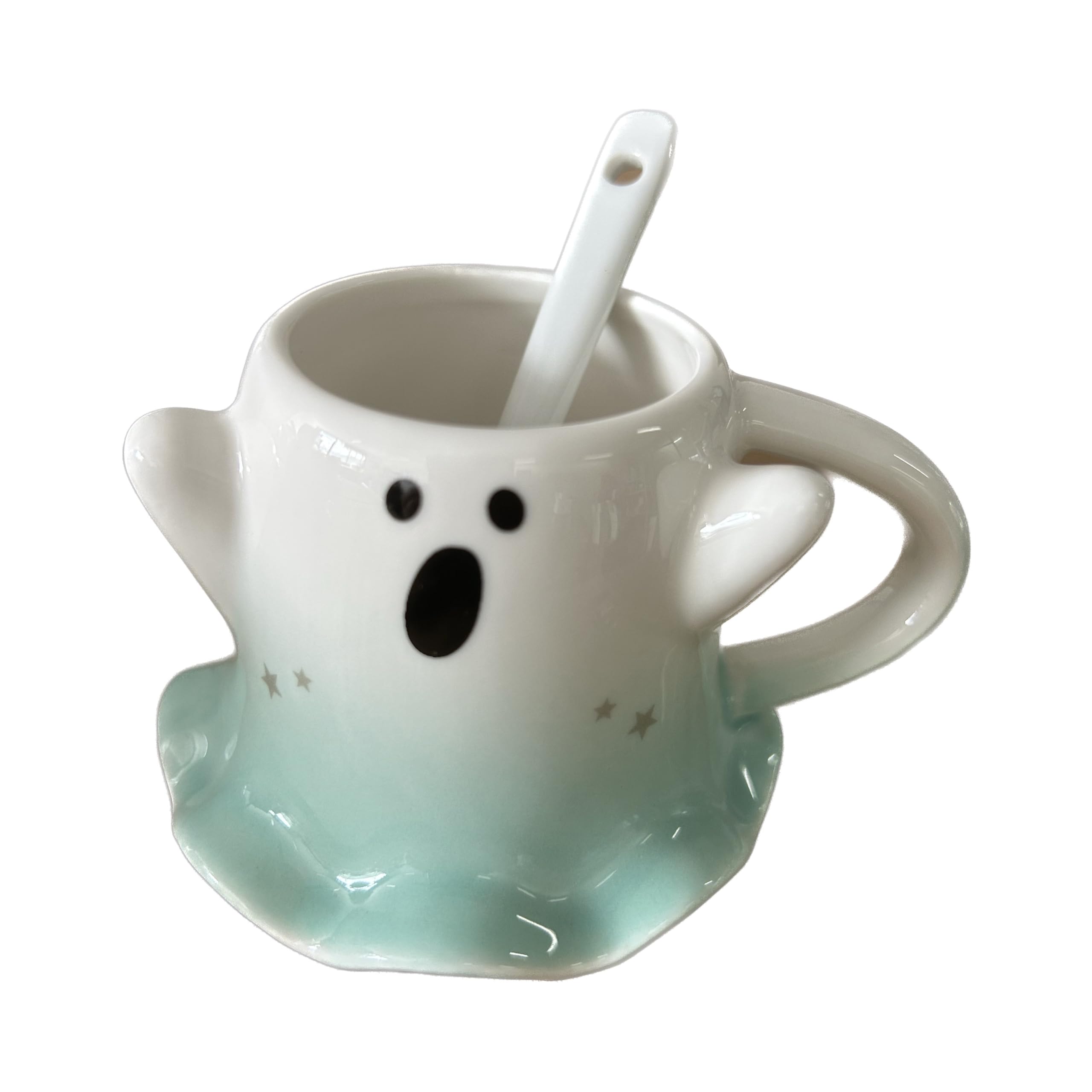 KKGUD Novelty Mini Cup, Ceramic 4.5oz Halloween Coffee Cup with Spoon- Scary Ghost (Green), Scary Ghost- Green, 130ml, Small