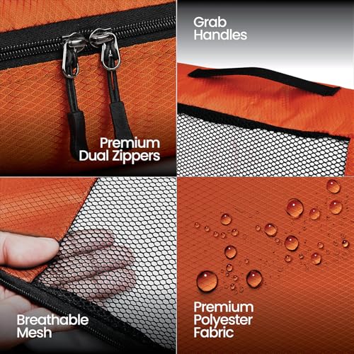 Image of FATMUG Packing Cubes Travel Pouch Bag Organiser Set of 8 (2x Large-Medium-Small and Slim) - Orange (Polyester)