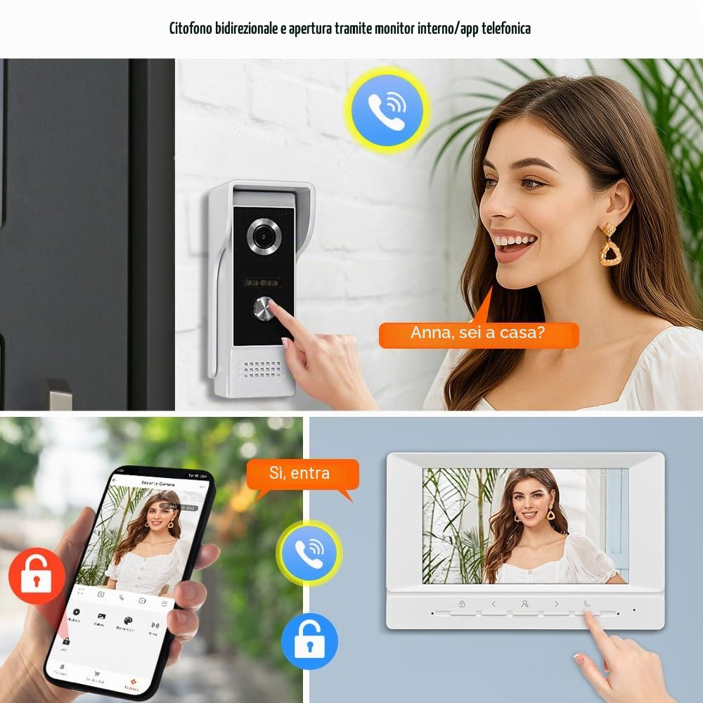 Sistema interfono videocitofono WiFi TUYA da 7 pollici, telecamera HD 1080P IR a visione notturna, videocitofono con monitor, supporto audio bidirezionale, registrazione, sblocco remoto