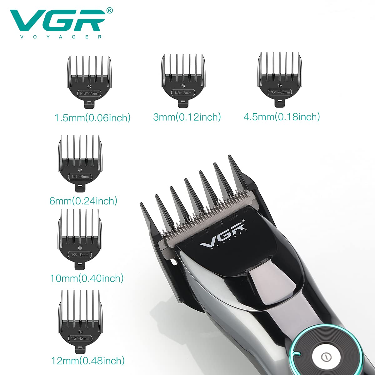 VGR Hair Clipper V-256 with various guide comb sizes
