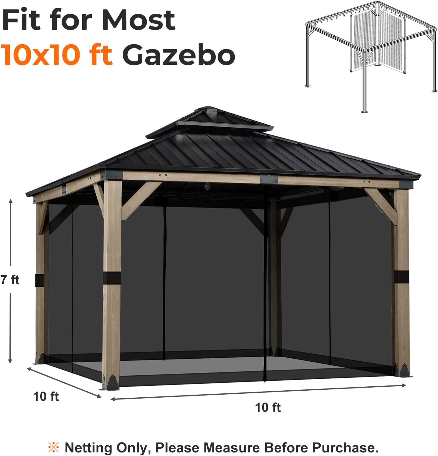 COWVIE Gazebo Replacement Mesh Netting, Durable Polyester Screen - 10'x10' Size, 4-Panel Sidewalls with Double Zippers for Patio & Outdoor (Netting Only)