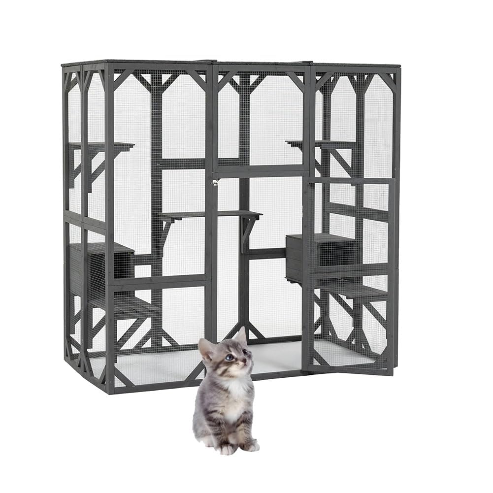 70inch Large Catio Outdoor Cat Enclosure with Waterproof Roof, Cat House for Outdoor Cats - Safe Play- Jumping Platform & 2 Napping Resting Box (Gray-1), Gray-1