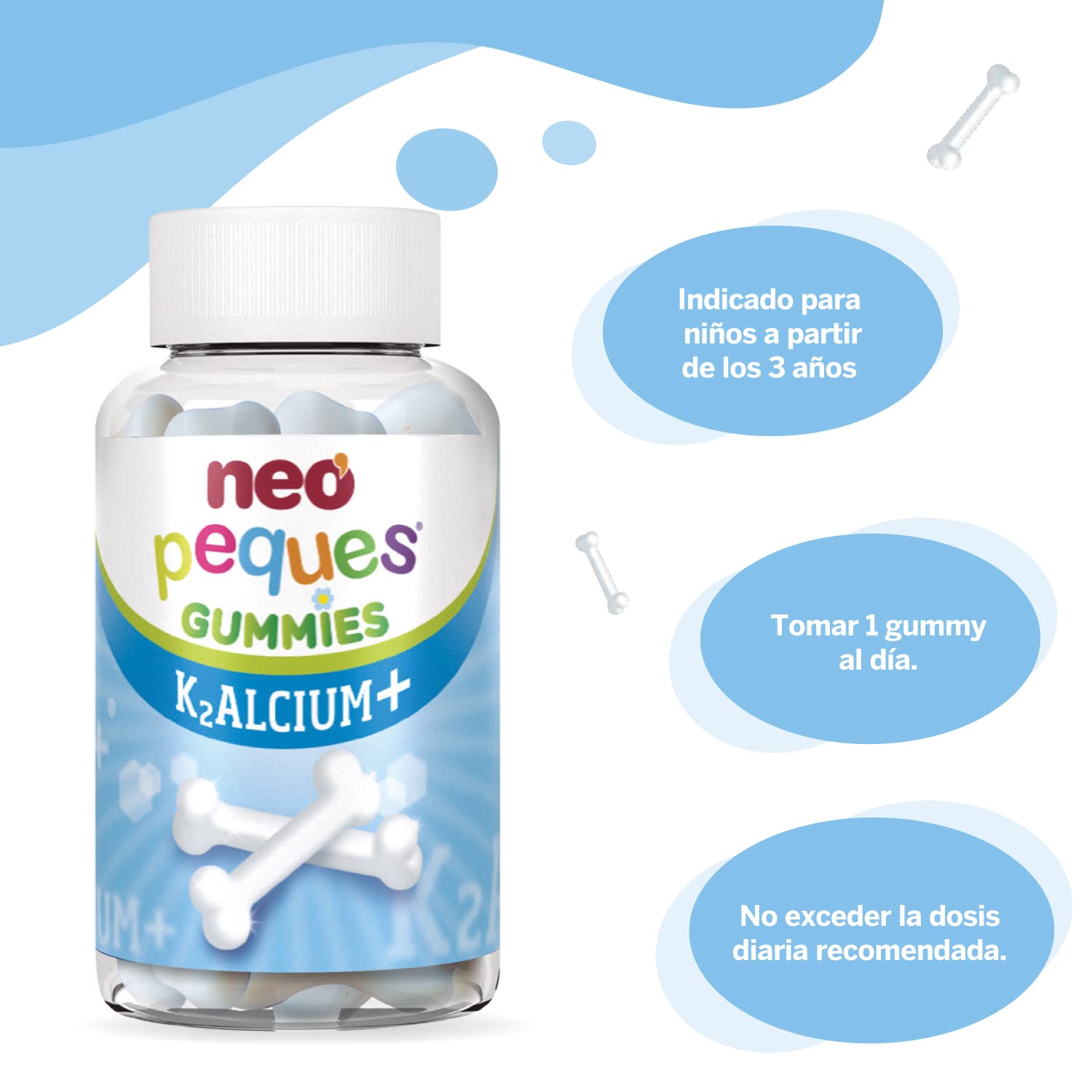 NEO PEQUES Gummies Kalcium + 30 Gominolas Calcio Vitaminas K2 D3 Caramelos Masticables Niños Sabor Yogur